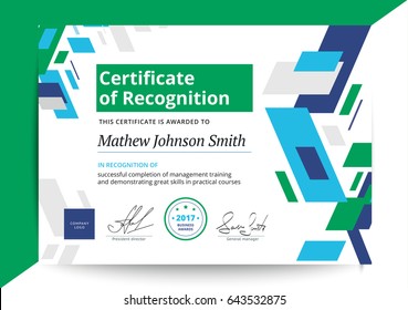 Certificate of recognition template in modern design. Business diploma layout for training graduation or course completion. Vector background illustration.