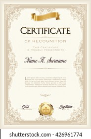 Certificate of Recognition Vintage Frame with Gold Ribbon. Portrait.