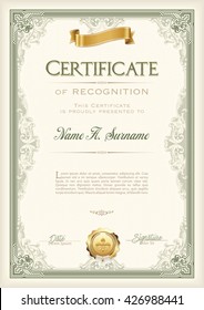 Certificate of Recognition Vintage Frame with Gold Ribbon. Portrait.