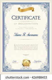 Certificate Of Recognition Vintage Frame With Gold Ribbon. Portrait.