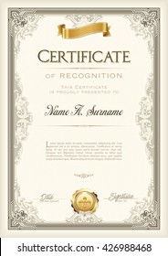 Certificate Of Recognition Vintage Frame With Gold Ribbon. Portrait.