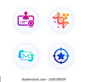 Certificado, Actualizar correo y Química iconos de los dna simple conjunto. Botón con puntos de tono medio. Signo de objetivo de estrella. Mejor empleado, Nuevo correo electrónico, Fórmula química. Premio ganador. Conjunto educativo. Vector