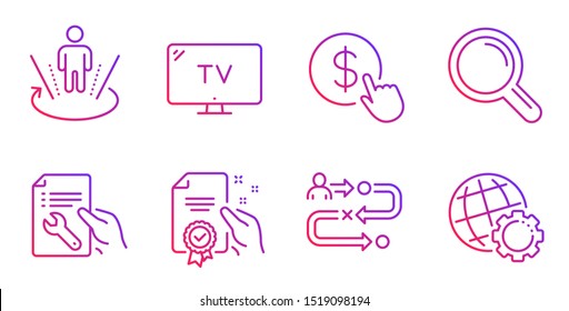 Certificate, Repair document and Augmented reality line icons set. Tv, Journey path and Research signs. Buy currency, Globe symbols. Certified guarantee, Spanner tool. Technology set. Vector