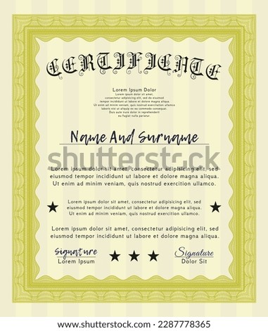 Certificate.  Retro design.  Complex background.    Yellow color.