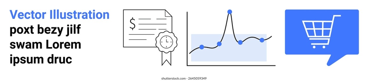 Certificate with reward ribbon, financial chart with upward trend, and shopping cart in dialogue bubble. Ideal for e-commerce, financial planning, certification authorities, data analysis, online