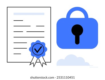 Das Zertifikat mit Farbband-Häkchen und blauem Vorhängeschloss symbolisiert Datensicherheit und Zertifizierung. Ideal für Bildung, Privatsphäre, Compliance, Leistung, Datenschutz. Einfaches, modernes Vektorformat