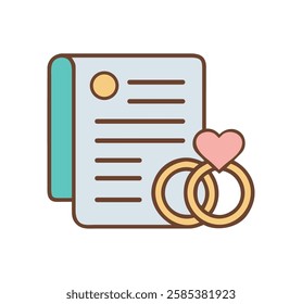 Certificate with rings and heart icon wedding vows