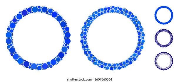 Certificate rosette circular frame composition of filled circles in variable sizes and color tinges, based on certificate rosette circular frame icon.