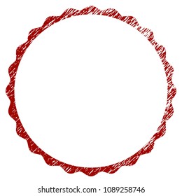 Certificate rosette circular frame distress textured template. Vector draft element with grainy design and dirty texture in red color. Designed for overlay watermarks and rubber seal imitations.