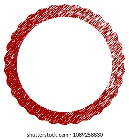 Certificate rosette circular frame distress textured template. Vector draft element with grainy design and corroded texture in red color. Designed for overlay watermarks and rubber seal imitations.