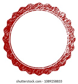 Certificate rosette circular frame grunge textured template. Vector draft element with grainy design and distressed texture in red color. Designed for overlay watermarks and rubber seal imitations.