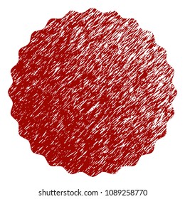 Certificate rosette round frame distress textured template. Vector draft element with grainy design and corroded texture in red color. Designed for overlay watermarks and rubber seal imitations.