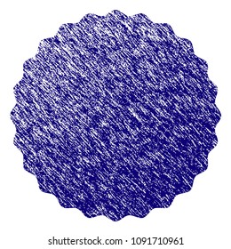 Certificate rosette round frame grunge textured template. Vector draft element with grainy design and corroded texture in blue color. Designed for overlay watermarks and rubber seal imitations.