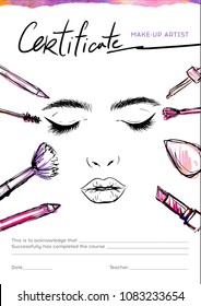 Certificate for the school of make-up artists. Female face and makeup tools. svg