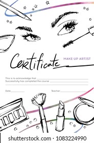 Certificate for the school of make-up artists. Illustration of beautiful female eyes and cosmetics. svg