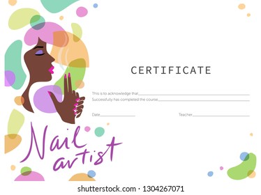 Certificado para a escola de artistas de unhas. Imagem de uma bela menina de pele escura no fundo de pontos coloridos.
