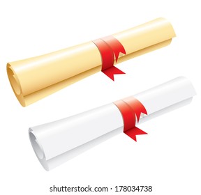 Certificate scroll on white background.