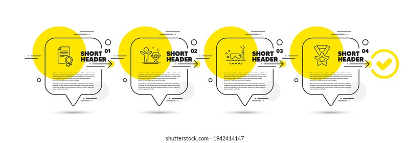 Los iconos de la línea de certificados, buceo Scuba y copa ganadora están configurados. Burbuja del discurso de la infografía de la línea de tiempo. Signo de la cinta ganadora. Diploma, nado de viaje, campeón. Mejor premio. Juego deportivo. Vector