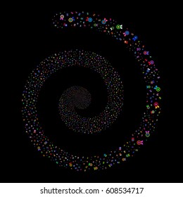 Certificate Seal fireworks burst spiral. Vector illustration style is flat bright multicolored scattered symbols. Object vortex created from scattered pictograms.