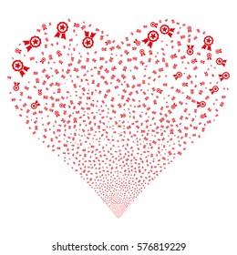 Certificate Seal fireworks with heart shape. Vector illustration style is flat red iconic symbols on a white background. Object salute combined from scattered design elements.