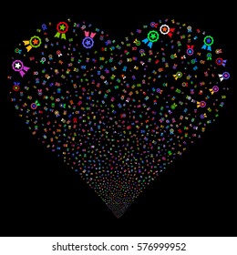 Certificate Seal fireworks with heart shape. Vector illustration style is flat bright multicolored iconic symbols on a black background. Object valentine heart made from confetti icons.