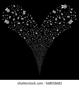 Certificate Seal fireworks stream. Vector illustration style is flat white iconic symbols on a black background. Object double fountain created from random symbols.