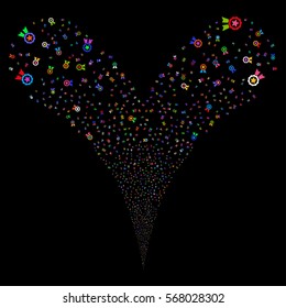Certificate Seal fireworks stream. Vector illustration style is flat bright multicolored iconic symbols on a black background. Object double fountain created from random symbols.