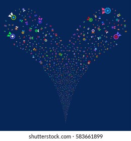 Certificate Seal fireworks stream. Vector illustration style is flat bright multicolored iconic symbols on a blue background. Object double fountain created from random icons.
