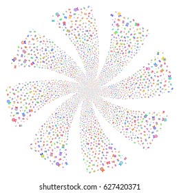 Certificate Seal fireworks swirl rotation. Vector illustration style is flat bright multicolored iconic symbols on a white background. Object twirl created from random pictographs.