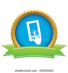 Certificate seal with image of hand touching phone screen, isolated on white