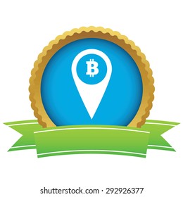 Certificate seal with map marker with bitcoin symbol, isolated on white