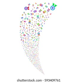 Certificate Seal random fireworks stream. Vector illustration style is flat bright multicolored iconic symbols on a white background. Object fountain done from scattered design elements.