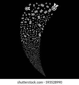Certificate Seal random fireworks stream. Vector illustration style is flat white iconic symbols on a black background. Object fountain organized from scattered pictographs.