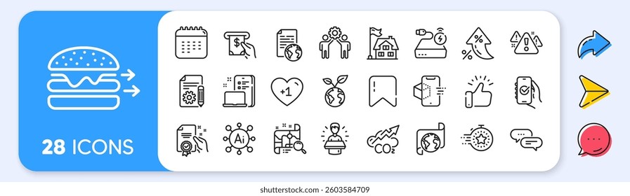 Certificate, Search map and Internet document line icons. Interest rate, AI generate, Inflation icons. Pack of Documentation, Dots message, Device icon. Calendar, Warning, Building pictogram. Vector