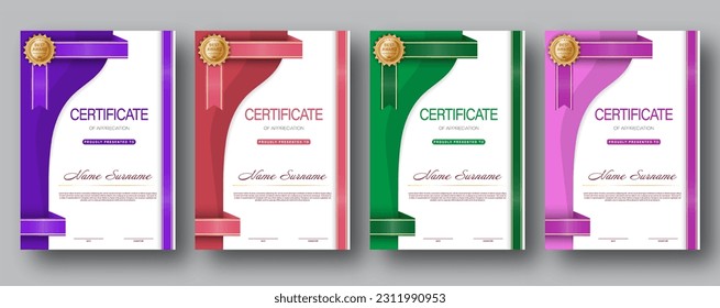 Certificado. Un conjunto de maquetas del certificado de reconocimiento de educación, capacitación, logros. Cuatro diseños de colores