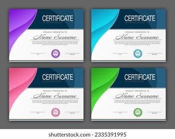 Certificado. Un conjunto de maquetas del certificado de reconocimiento de educación, capacitación, logros. Cuatro diseños de colores