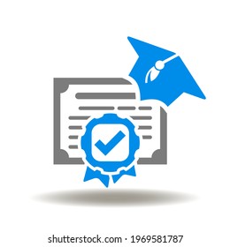 Certificate sheet with stamp check mark and graduation cap vector illustration. Education grant symbol. Grants icon. Graduation certificate sign.
