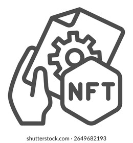 Certificate signature of non fungible token file line icon, NFT multiverse concept. Vector graphics. Token file in hand sign on white background, outline style icon for mobile or web design