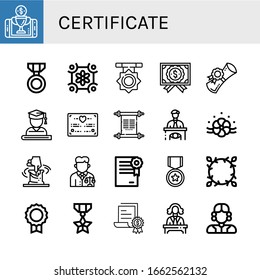 conjunto de iconos simples de certificados. Contiene iconos como Recompensa, Medalla, Diseño Floral, Certificado, Diploma, Graduado, Certificado de Boda, Scroll, puede ser usado para web, móvil y logotipo