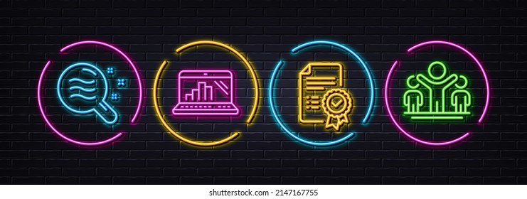 Certificate, Skin condition and Graph laptop minimal line icons. Neon laser 3d lights. Winner icons. For web, application, printing. Verified document, Search magnifier, Mobile report. Vector