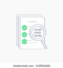 Certificate, Smart contract or White Paper Audit, To do list with check marks. Document, report paper sheet with magnifying glass. Concept of Certification, Documents Research, Checking, studying.