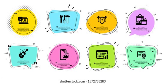 Certificate, Smartphone cloud and Spanner tool line icons set. Chat bubbles with quotes. Swipe up, Web report and Guitar signs. Smile, Shopping symbols. Verified document, Phone backup. Vector
