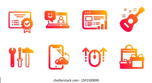 Certificate, Smartphone cloud and Spanner tool line icons set. Swipe up, Web report and Guitar signs. Smile, Shopping symbols. Verified document, Phone backup. Business set. Vector