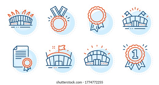 Certificate, Sports stadium and Reward signs. Sports arena, Arena and Success line icons set. Honor symbol. Event stadium, Sport complex. Sports set. Outline icons set. Vector