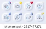 Certificate, Squad and Star line icons. Buttons with 3d bell, chat speech, cursor. Pack of Supply chain, Photo camera, Book car icon. Approve, Globe pictogram. For web app, printing. Vector