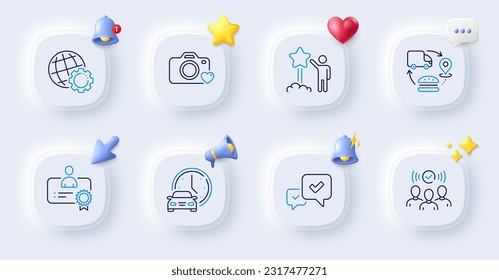 Certificate, Squad and Star line icons. Buttons with 3d bell, chat speech, cursor. Pack of Supply chain, Photo camera, Book car icon. Approve, Globe pictogram. For web app, printing. Vector