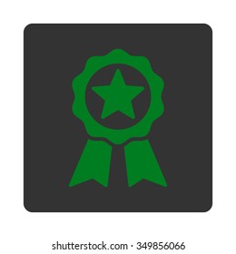 Certificate Stamp vector icon. Style is flat rounded square button, green and gray colors, white background.