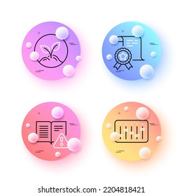 Certificate, Startup and Dj controller minimal line icons. 3d spheres or balls buttons. Instruction manual icons. For web, application, printing. Certified file, Launch project, Musical device. Vector