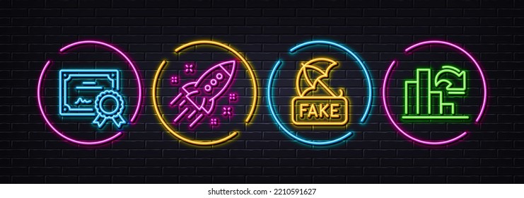 Certificate, Startup rocket and Fake news minimal line icons. Neon laser 3d lights. Decreasing graph icons. For web, application, printing. Certified file, Business innovation, Umbrella secure. Vector