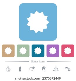 Certificate sticker white flat icons on color rounded square backgrounds. 6 bonus icons included